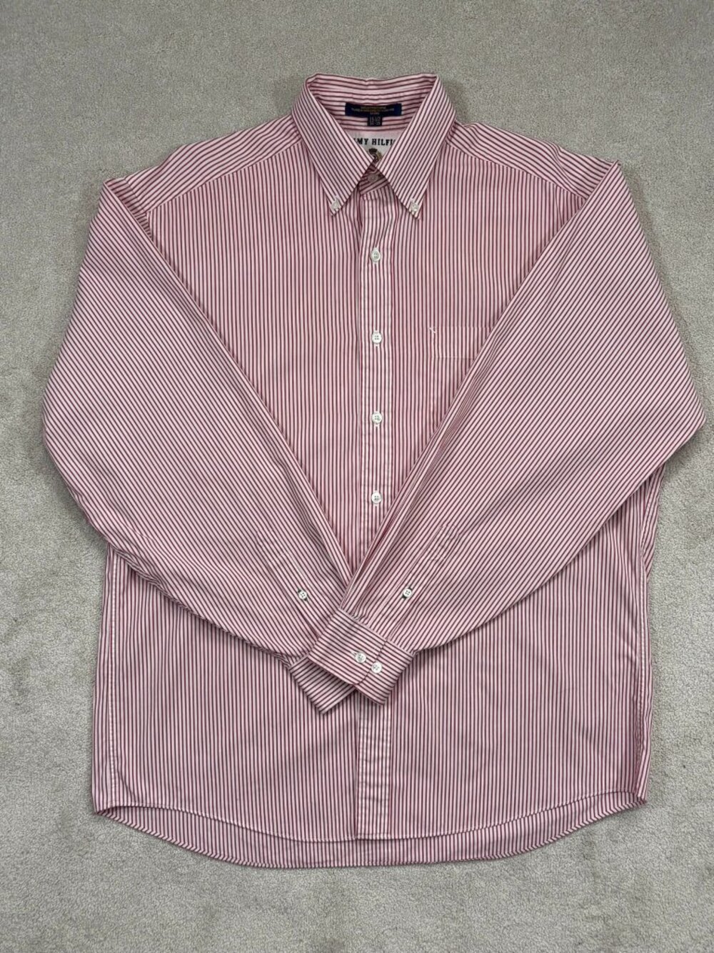 Vintage 90s Tommy Hilfiger Red White Striped Button Down Preppy Size 15.5 34/35